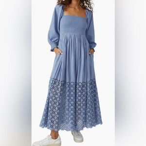 Free People Perfect Storm Smocked Eyelet Long Sleeve Maxi Dress Blue NWT